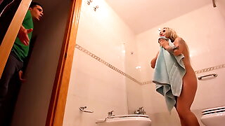 Spying on my blonde stepmom in the shower, she catches me fucking her and cumming on her manifestation
